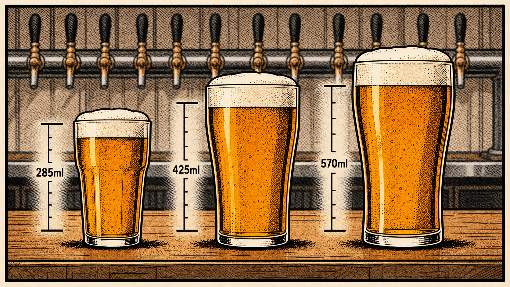 Middy, schooner and pint glasses marked 285ml, 425ml and 570ml